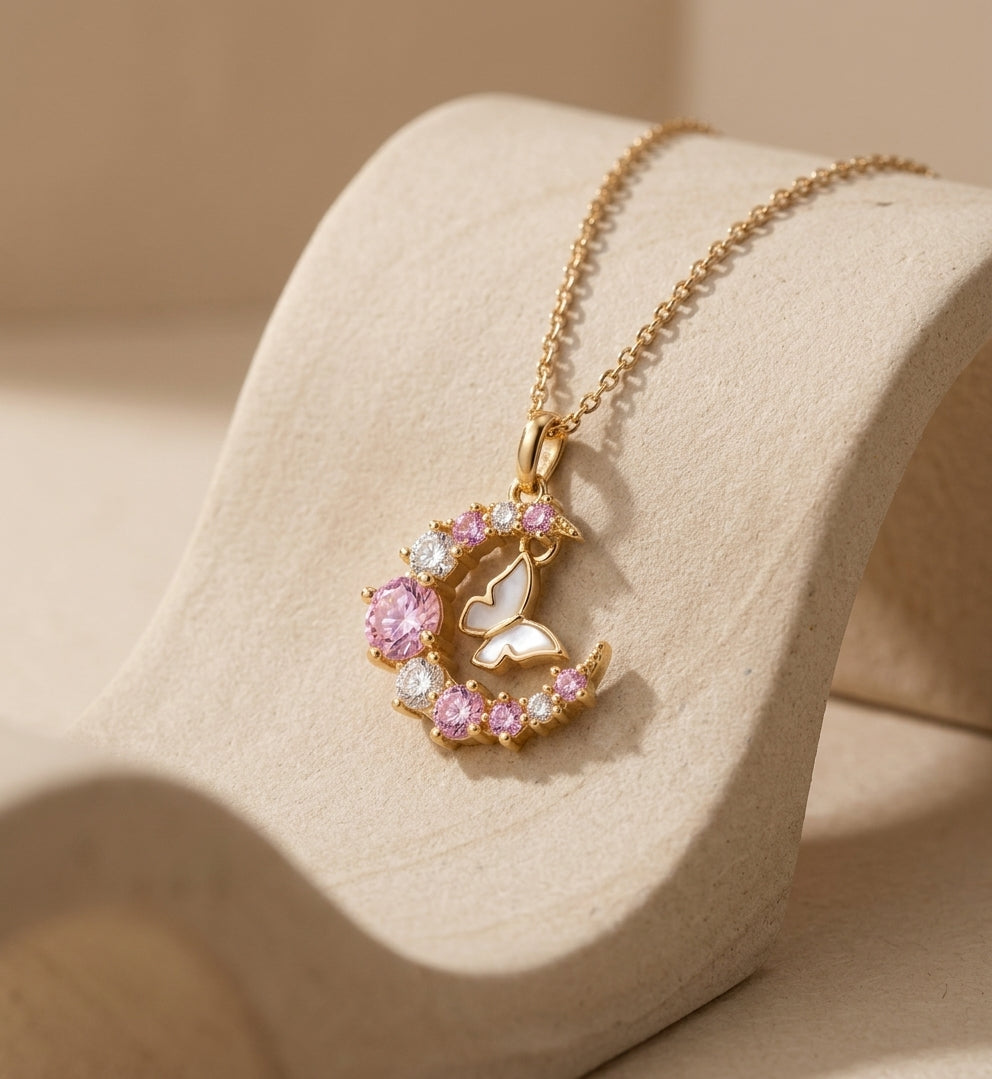 Moon & Butterfly Necklace, 18K PVD Gold