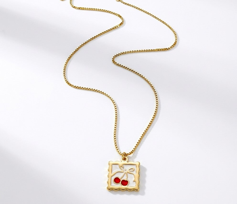 Cherry Stamp Necklace, 18K PVD Gold