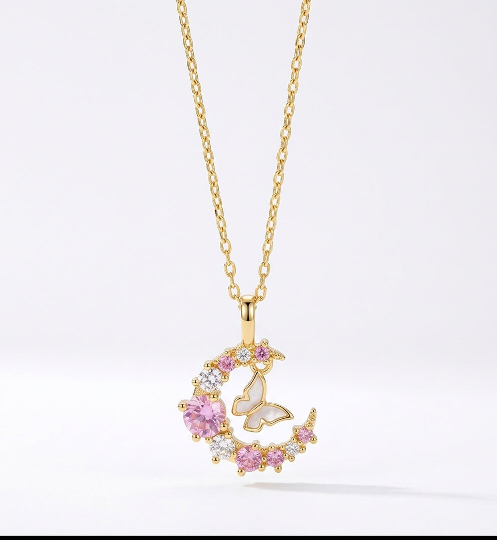 Moon & Butterfly Necklace, 18K PVD Gold