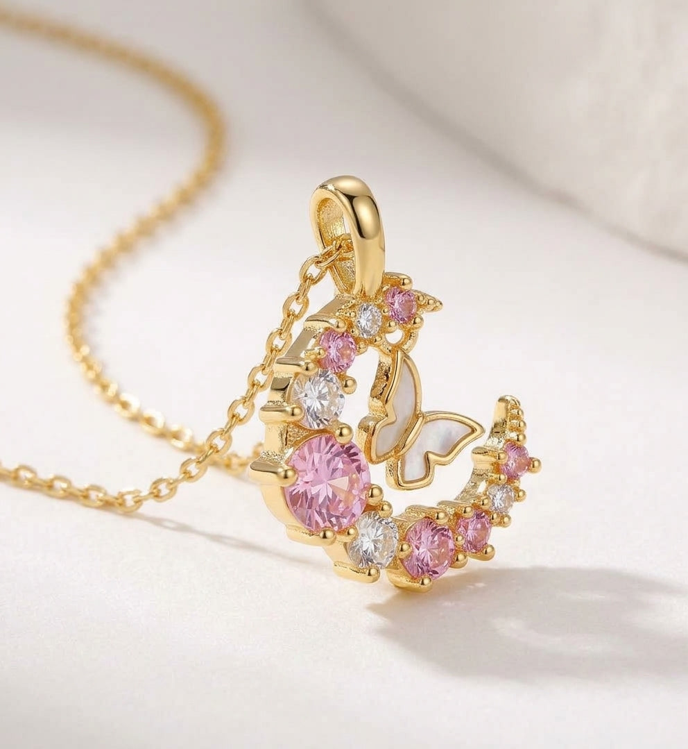 Moon & Butterfly Necklace, 18K PVD Gold