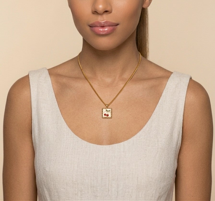 Cherry Stamp Necklace, 18K PVD Gold