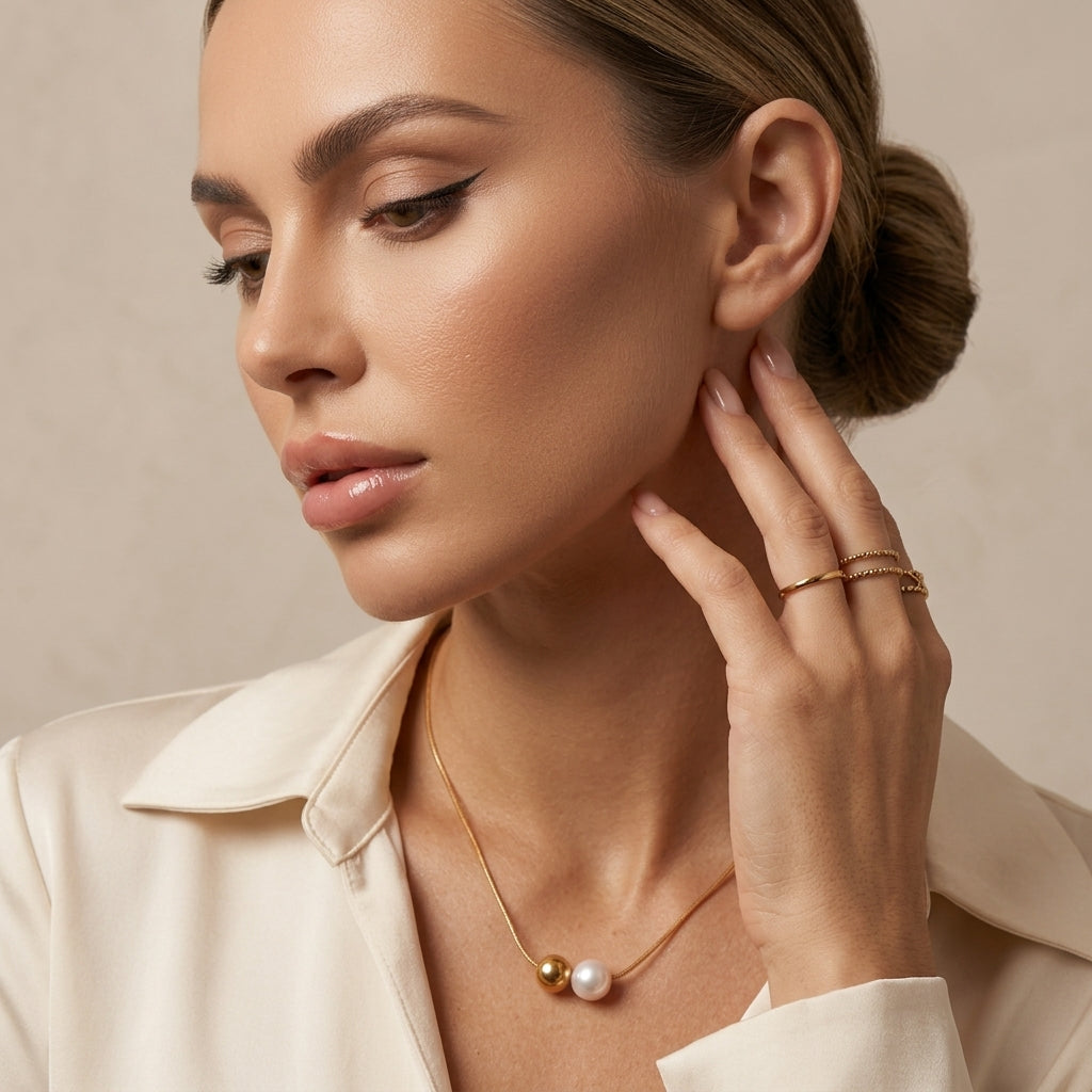 Duo Sphere Necklace, 18K PVD Gold