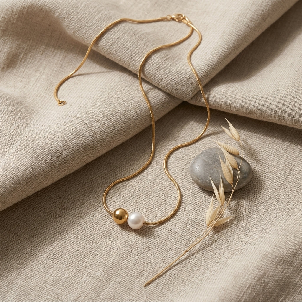 Duo Sphere Necklace, 18K PVD Gold
