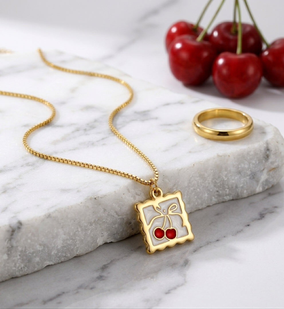 Cherry Stamp Necklace, 18K PVD Gold
