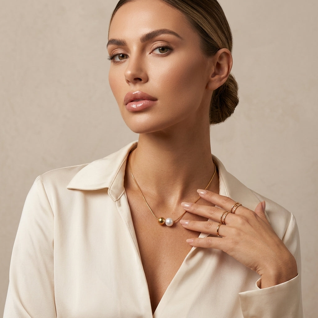 Duo Sphere Necklace, 18K PVD Gold