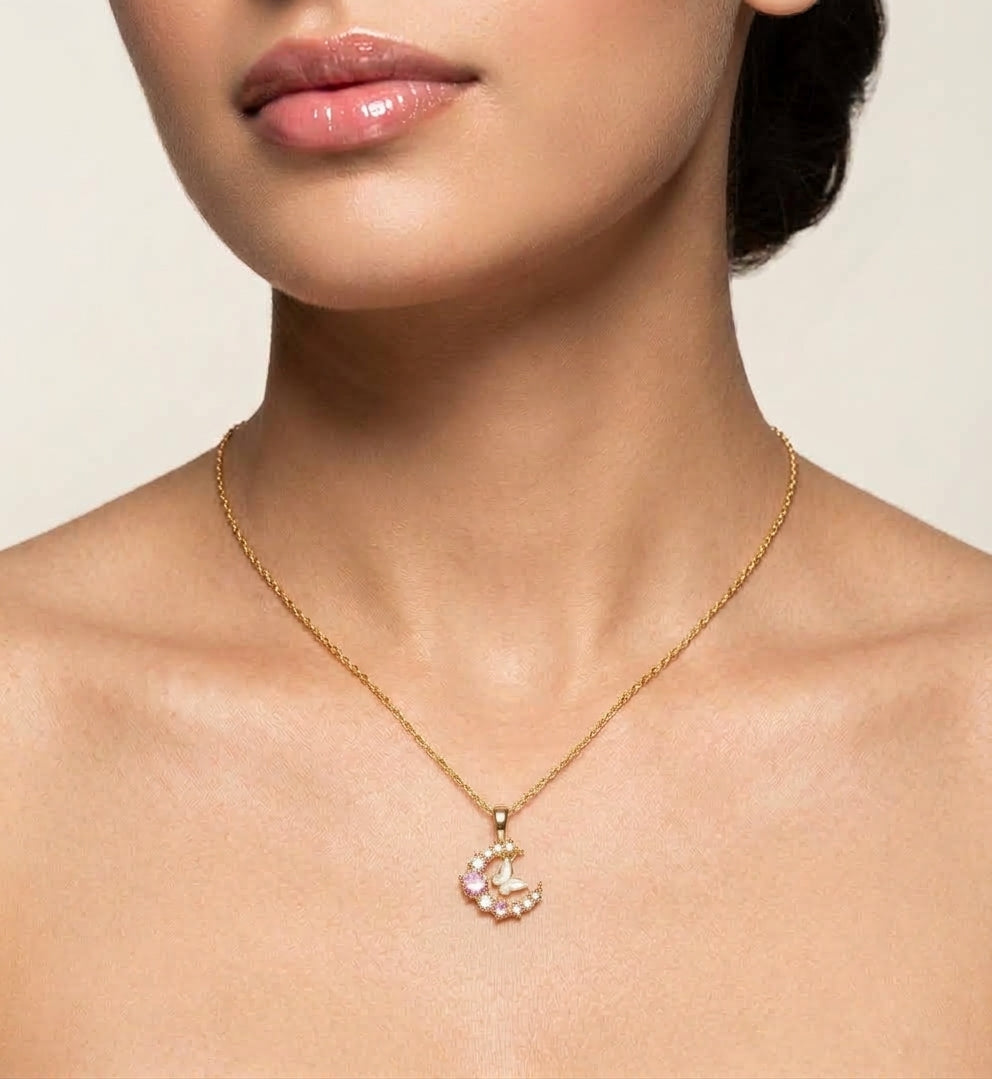 Moon & Butterfly Necklace, 18K PVD Gold