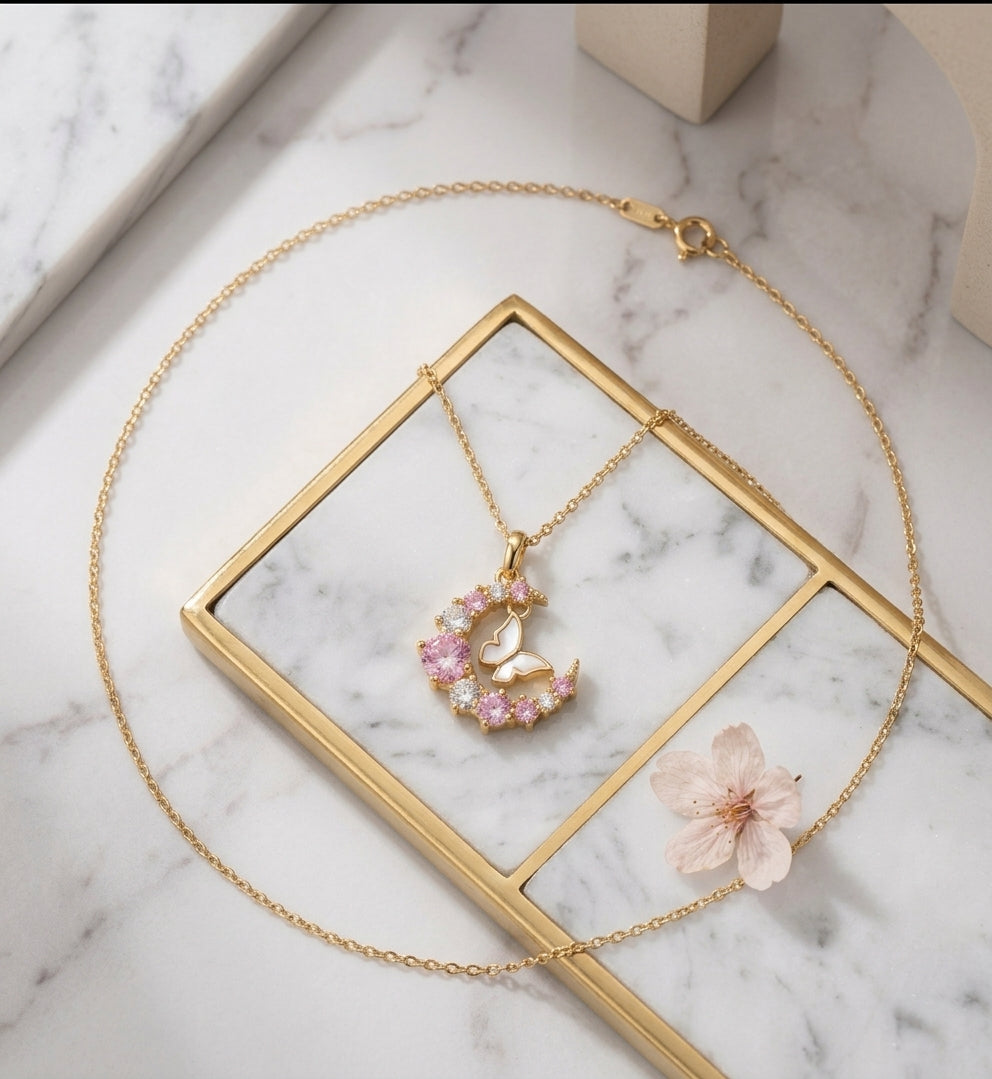 Moon & Butterfly Necklace, 18K PVD Gold
